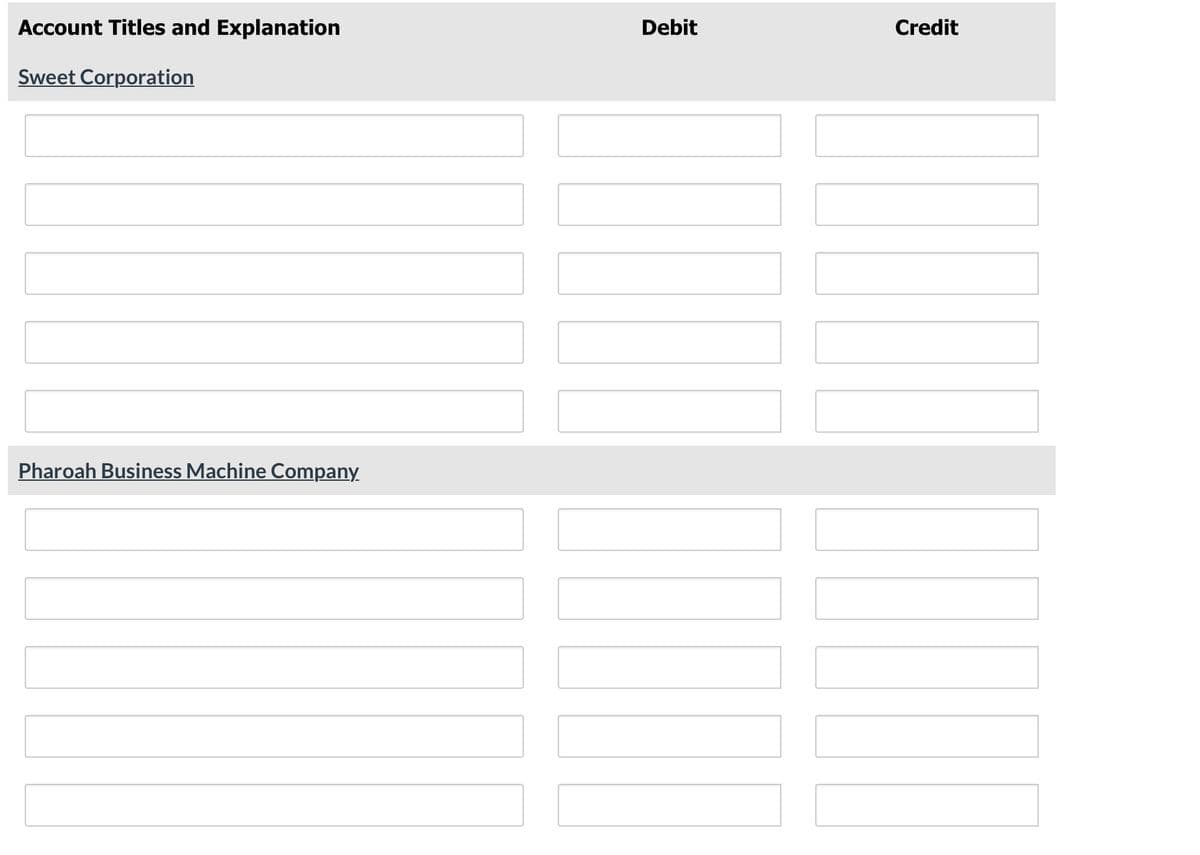 Account Titles and Explanation
Debit
Credit
Sweet Corporation
Pharoah Business Machine Company
