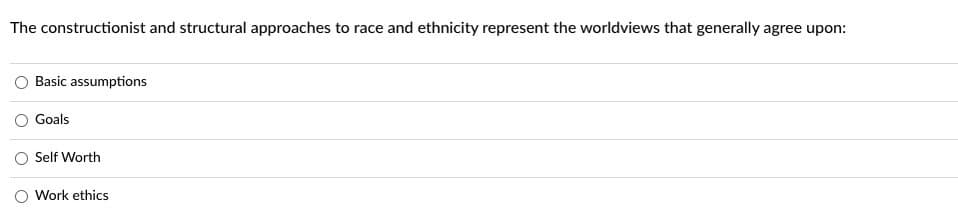 **Question:**

The constructionist and structural approaches to race and ethnicity represent the worldviews that generally agree upon:

**Options:**
- ○ Basic assumptions
- ○ Goals
- ○ Self Worth
- ○ Work ethics