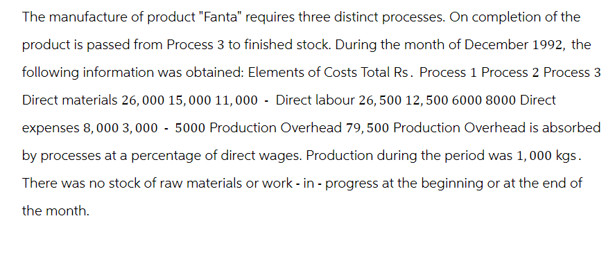 The manufacture of product "Fanta" requires three distinct processes. On completion of the
product is passed from Process 3 to finished stock. During the month of December 1992, the
following information was obtained: Elements of Costs Total Rs. Process 1 Process 2 Process 3
Direct materials 26,000 15,000 11,000 - Direct labour 26, 500 12,500 6000 8000 Direct
expenses 8,000 3,000 - 5000 Production Overhead 79, 500 Production Overhead is absorbed
by processes at a percentage of direct wages. Production during the period was 1,000 kgs.
There was no stock of raw materials or work - in - progress at the beginning or at the end of
the month.