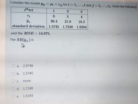 Consider the model yy = 4 + Ey for i = 1,...,t and j= 1,...,. Given the following
th trt
2
3
5.
4
36.4
21.6
18.3
standard deviation 1.5745 1.7248 1.9284
and the MSE = 14.875.
The SE(y,) is
O a. 2.9749
O b. 1.5745
none
Od. 1.7248
e. 19284
