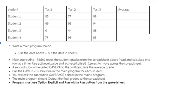 student
Student 1
Student 2
Student 3
Student 4
Test1
55
88
0
77
Test 2
77
98
44
98
Test 3
98
94
88
58
Average
1. Write a main program Main2:
• Use the data above - put the data in sheet2.
• Main subroutine - Main2 reads the student grades from the spreadsheet above (read and calculate one
row at a time). Use activecell.value and activecell.offset(, ).select to move across the spreadsheet.
A second subroutine called GAVERAGE that will calculate the average grade.
Call the GAVERGE subroutine in the main program for each student.
You will call the subroutine GAVERAGE 4 times in the Main2 program.
The main program should Output the final grades to the spreadsheet
Program must use Option Explicit and Run with a Run button from the spreadsheet