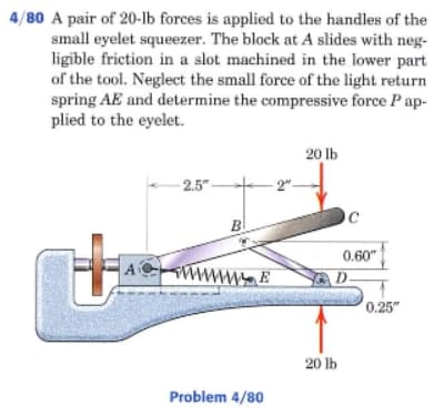 4/80 A pair of 20-lb forces is applied to the handles of the
small eyelet squeezer. The block at A slides with neg-
ligible friction in a slot machined in the lower part
of the tool. Neglect the small force of the light return
spring AE and determine the compressive force Pap-
plied to the eyelet.
20 lb
2.5"
B
0.60"
D.
0.25"
20 lb
Problem 4/80
