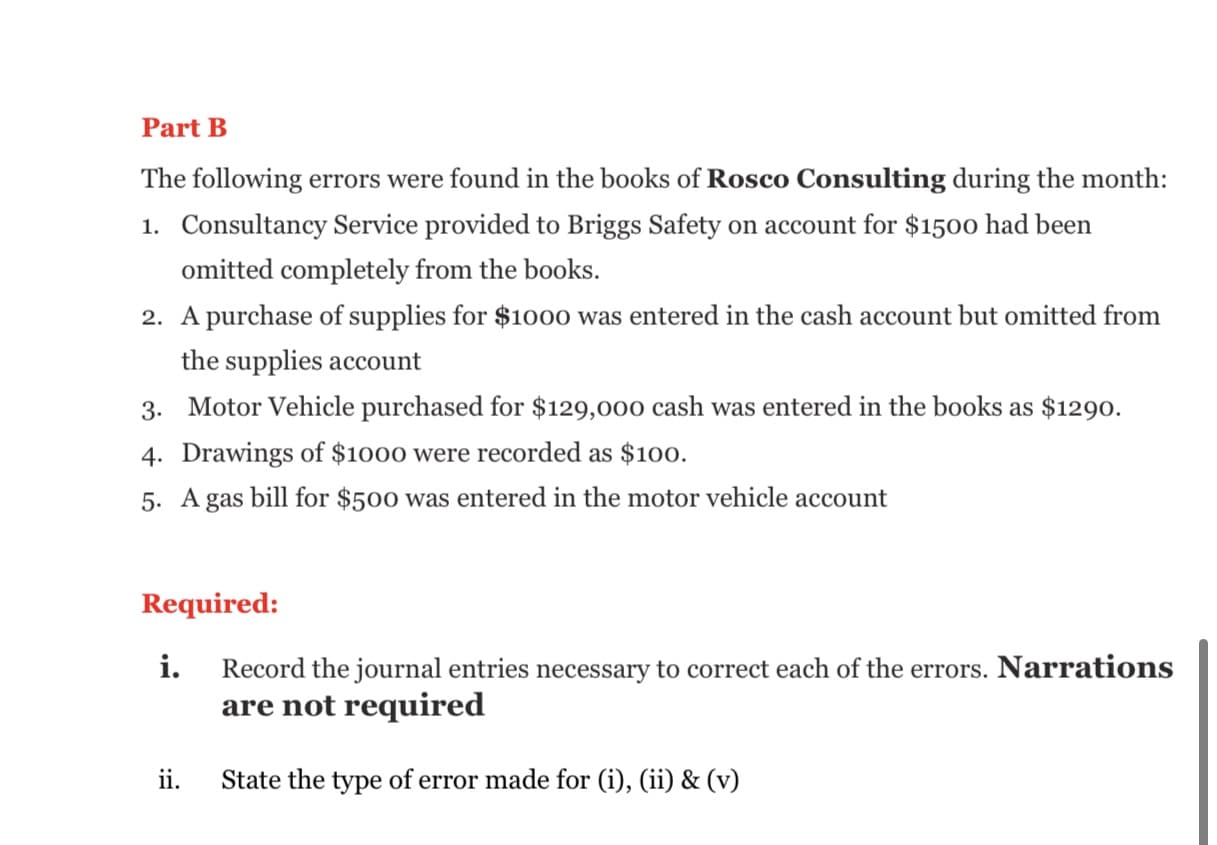 The following errors were found in the books of Rosco Consulting during the month:
1. Consultancy Service provided to Briggs Safety on account for $1500 had been
omitted completely from the books.
2. A purchase of supplies for $1000 was entered in the cash account but omitted from
the supplies account
3. Motor Vehicle purchased for $129,000 cash was entered in the books as $1290.
4. Drawings of $1000 were recorded as $100.
5. A gas bill for $500 was entered in the motor vehicle account
Required:
i. Record the journal entries necessary to correct each of the errors. Narrations
are not required
ii.
State the type of error made for (i), (ii) & (v)
