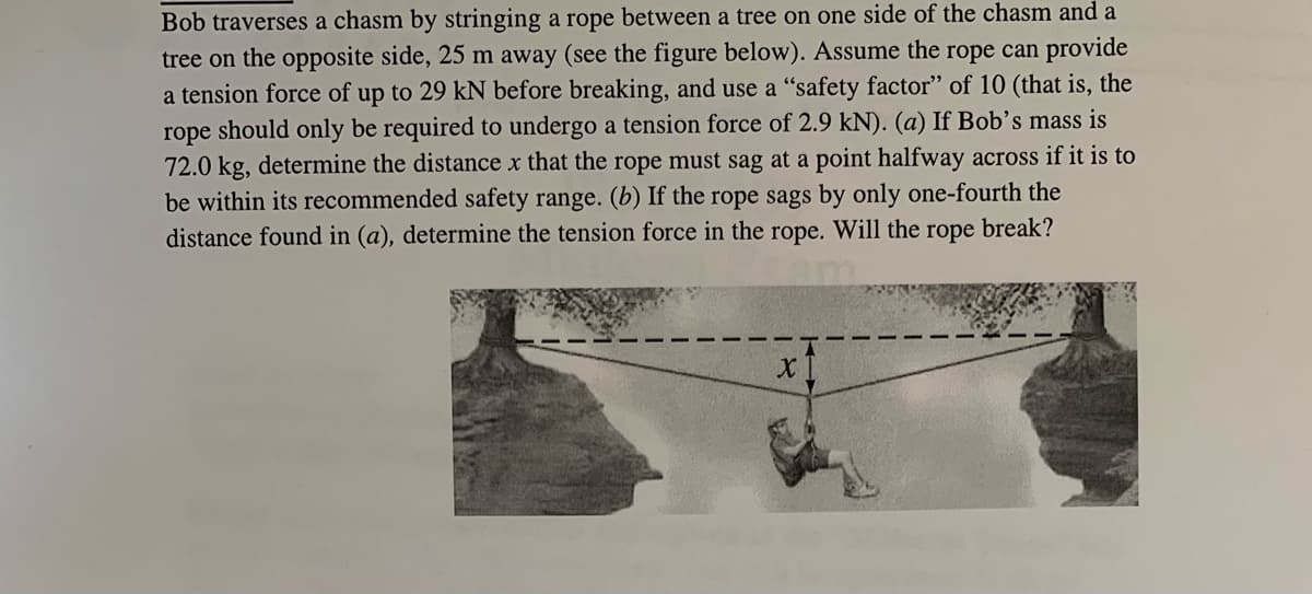 Bob traverses a chasm by stringing a rope between a tree on one side of the chasm and a
tree on the opposite side, 25 m away (see the figure below). Assume the rope can provide
a tension force of up to 29 kN before breaking, and use a "safety factor" of 10 (that is, the
rope should only be required to undergo a tension force of 2.9 kN). (a) If Bob's mass is
72.0 kg, determine the distance x that the rope must sag at a point halfway across if it is to
be within its recommended safety range. (b) If the rope sags by only one-fourth the
distance found in (a), determine the tension force in the rope. Will the rope break?
