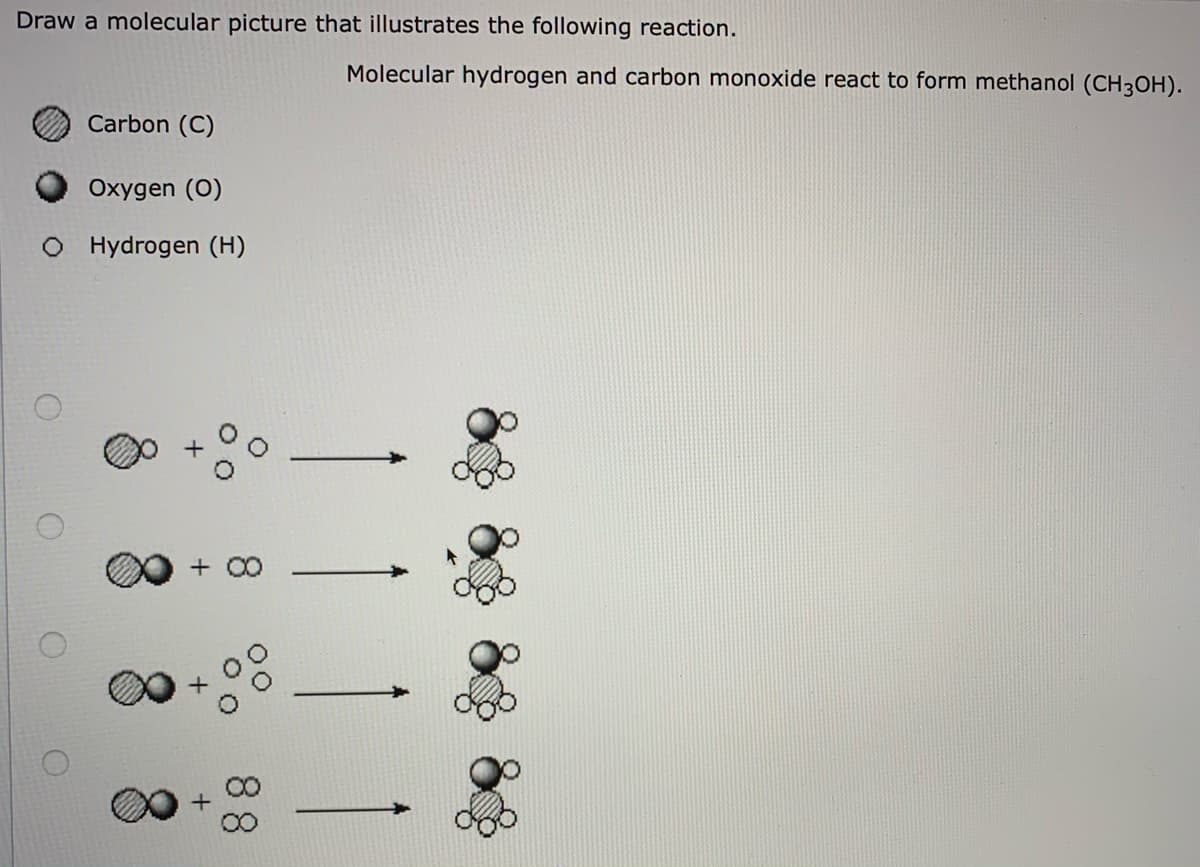 Draw a molecular picture that illustrates the following reaction.
Molecular hydrogen and carbon monoxide react to form methanol (CH3OH).
Carbon (C)
Oxygen (0)
O Hydrogen (H)
+ CO
88
+
