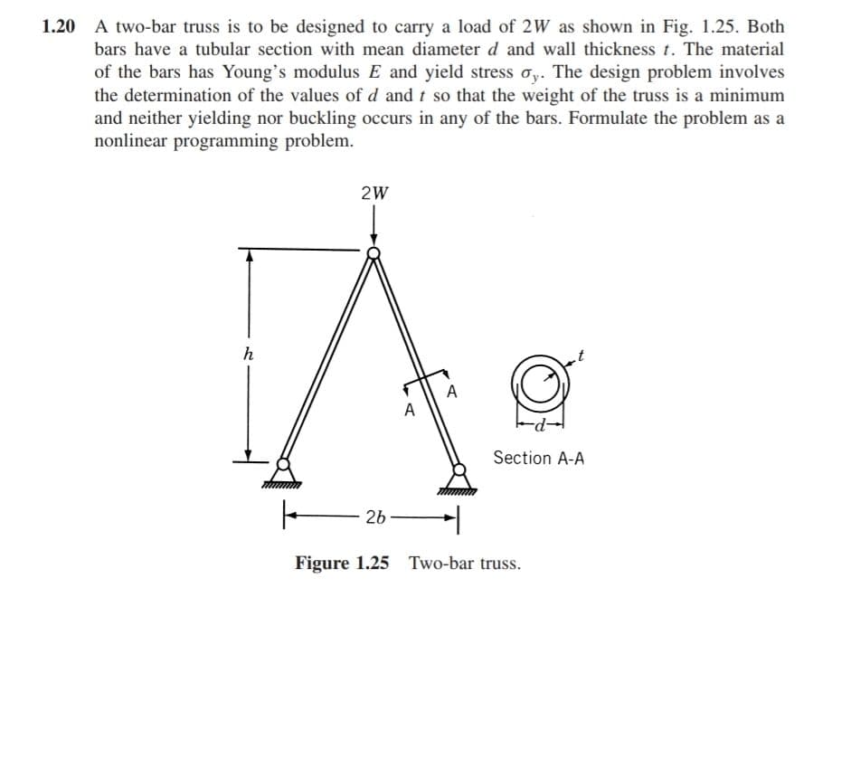 A two-bar truss is to be designed to carry a load of 2W as shown in Fig. 1.25. Both
bars have a tubular section with mean diameter d and wall thickness t. The material
of the bars has Young's modulus E and yield stress oy. The design problem involves
the determination of the values of d and t so that the weight of the truss is a minimum
and neither yielding nor buckling occurs in any of the bars. Formulate the problem as a
nonlinear programming problem.
2W
A
A
Section A-A
26
Figure 1.25 Two-bar truss.
