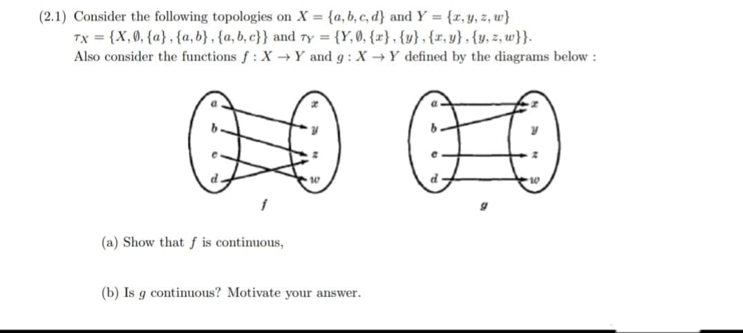 (2.1) Consider the following topologies on X = {a, b, c, d} and Y = {r, y, z, w}
TX = {X,0, {a} , {a,b}, {a, b, c}} and ty = {Y,0, {r} , {y},{r, y}, {y, z, w}}.
Also consider the functions f :X Y and g:X Y defined by the diagrams below :
%3D
d.
(a) Show thatf is continuous,
(b) Is g continuous? Motivate your answer.
