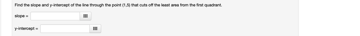 Find the slope and y-intercept of the line through the point (1,5) that cuts off the least area from the first quadrant.
slope =
y-intercept
