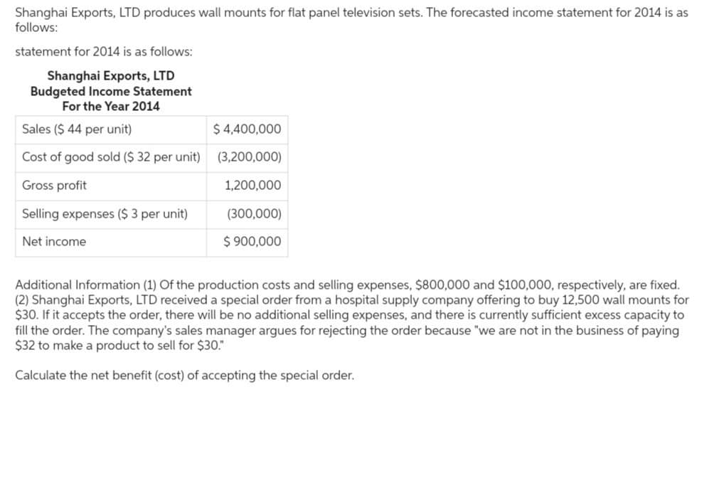 Shanghai Exports, LTD produces wall mounts for flat panel television sets. The forecasted income statement for 2014 is as
follows:
statement for 2014 is as follows:
Shanghai Exports, LTD
Budgeted Income Statement
For the Year 2014
Sales ($ 44 per unit)
$4,400,000
Cost of good sold ($ 32 per unit)
(3,200,000)
Gross profit
1,200,000
Selling expenses ($3 per unit)
Net income
(300,000)
$900,000
Additional Information (1) Of the production costs and selling expenses, $800,000 and $100,000, respectively, are fixed.
(2) Shanghai Exports, LTD received a special order from a hospital supply company offering to buy 12,500 wall mounts for
$30. If it accepts the order, there will be no additional selling expenses, and there is currently sufficient excess capacity to
fill the order. The company's sales manager argues for rejecting the order because "we are not in the business of paying
$32 to make a product to sell for $30."
Calculate the net benefit (cost) of accepting the special order.