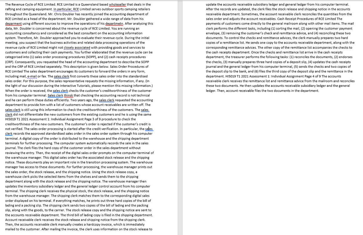 The Revenue Cycle of RCE Limited. RCE Limited is a Queensland based wholeseller that deals in the
update the accounts receivable subsidiary ledger and general ledger from his computer terminal.
rafting and camping equipment. In particular, RCE Limited serves outdoor sports camping retailers
After the records are updated, the clerk files the stock release and shipping notice in the accounts
throughout the Queensland. Mr. Chris Doubler has recently joined the accounting department of
receivable department. Sometimes, the account receivable clerk reconciles the quantities from the
RCE Limited as a head of the department. Mr. Doubler gathered a wide range of data from his
sales order and adjusts the account receivables. Cash Receipt Procedures of RCE Limited The
deparment using different sources to improve the operations of his departmetn. After analysing this
data, Mr. Doubler is concerned about the revenue cycle of RCE Limited. You are running an
payments of customers come directly to the general mailroom along with other mail items. The mail
clerk performs the different tasks, including (1) sorting the mail, (2) opening the customer payment
accounting consultancy and considered as the best consultant on the accounting information
envelope, (3) removing the customer's check and remittance advice, and (4) reconciling these two
system. Therefore, Mr. Doubler approached you to evaluate their revenue cycle. During the initial
documents. To control the checks and remittance advices, the clerk manually prepares two hard
meeting, you suspect that the business activities and related data processing operations of the
copies of a remittance list. He sends one copy to the accounts receivable department, along with the
revenue cycle of RCE Limited might not closely associated with providing goods and services to
customers and collecting their cash payments. You further elaborated that the revenue cycle can be
corresponding remittance advices. The other copy of the remittance list accompanies the checks to
the cash receipts department. Once the checks and remittance list arrive in the cash receipts
categorised into (1) sales order processing procedures (SOPP), and (2) cash receipts procedures
department, the treasurer performs the following tasks: (1) reconciles the documents, (2) endorses
(CRP). Consequently, you requested the head of the accounting department to describe the SOPP
the checks, (3) manually prepares three hard copies of a deposit slip, (4) updates the cash receipts
and the CRP of RCE Limited separately. This description is given below. Sales Order Procedures of
journal and the general ledger from his computer terminal, (5) sends the checks and two copies of
RCE Limited The sales department encourages its customers to forward the orders in any form,
the deposit slip to the bank, and (6) files the third copy of the deposit slip and the remittance in the
including mail, e-mail or fax. The sales clerk first converts these sales order into the standardised
department. HI5019 T1 2021 Assessment 1: Individual Assignment Page 4 of 9 The accounts
sales order. For this purpose, the sales representative requests the missing information, if any. (In
receivable clerk receives the remittance list and remittance advice from the mailroom and reconciles
the light of our discussion during the Interactive Tutorials, please mention this missing information.)
these two documents. He then updates the accounts receivable subsidiary ledger and the general
ledger. Then, account receivable files the two documents in the department.
When the order is received, the sales clerk checks the customer's creditworthiness of the customer
from his computer terminal. Sales clerk thinsk that checking the accounting record is not technical
and he can perform these duties efficiently. Two years ago, the sales clerk requested the accounting
department to provide him with a list of customers whose account receivables are written off. The
sales clerk is still using this information to check the creditworthiness of the customers. The sales
clerk did not differentiate the new customers from the existing customers and he is using the same
HIS019 T1 2021 Assessment 1: Individual Assignment Page 3 of 9 procedure to check the
creditworthiness of the new customers. The customer's order is rejected if the customer's credit is
not verified. The sales order processing is started after the credit verification. In particular, the sales
clerk records the approved standardised sales order in the sales order system through his computer
terminal. A digital copy of the order is distributed to the warehouse and the shipping department
terminals for further processing. The computer system automatically records the sale in the sales
journal. The clerk files the hard copy of the customer order in the sales department without
reviewing the entry. Then, the receipt of the digital sales order prompts on the computer terminal of
the warehouse manager. This digital sales order has the associated stock release and the shipping
notice. These documents play an important role in the transition processing system. The warehouse
manager has access to these documents. For further processing, the warehouse manager prints out
the sales order, the stock release, and the shipping notice. Using the stock release copy, a
warehouse clerk picks the selected items from the shelves and sends them to the shipping
department along with the stock release and the shipping notice. The warehouse manager then
updates the inventory subsidiary ledger and the general ledger control account from his computer
terminal. The shipping clerk receives the physical stock, the stock release, and the shipping notice
from the warehouse manager. The shipping clerk matches them to the corresponding digital sales
order displayed on his terminal. If everything matches, he prints out three hard copies of the bill of
lading and a packing slip. The shipping clerk sends two copies of the bill of lading and the packing
slip, along with the goods, to the carrier. The stock release copy and the shipping notice are sent to
the accounts receivable department. The third bill of lading copy is filed in the shipping department.
Account receivable clerk receives the stock release and shipping notice from the shipping clerk.
Then, the accounts receivable clerk manually creates a hardcopy invoice, which is immediately
mailed to the customer. After mailing the invoice, the clerk uses information on the stock release to
