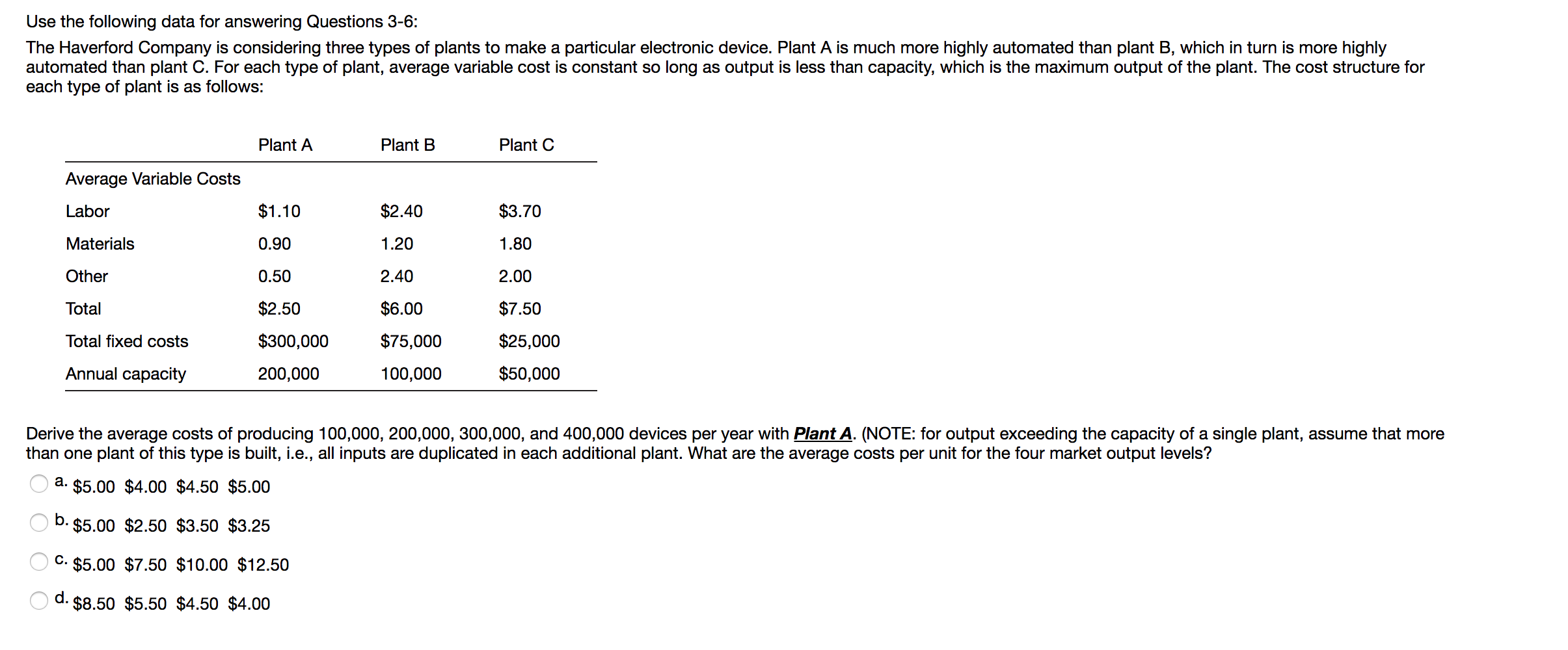 Use the following data for answering Questions 3-6:
The Haverford Company is considering three types of plants to make a particular electronic device. Plant A is much more highly automated than plant B, which in turn is more highly
automated than plant C. For each type of plant, average variable cost is constant so long as output is less than capacity, which is the maximum output of the plant. The cost structure for
each type of plant is as follows:
Plant C
Plant A
Plant B
Average Variable Costs
$1.10
$2.40
$3.70
Labor
1.20
Materials
0.90
1.80
Other
0.50
2.40
2.00
$2.50
$6.00
$7.50
Total
$25,000
$300,000
$75,000
Total fixed costs
Annual capacity
$50,000
200,000
100,000
Derive the average costs of producing 100,000, 200,000, 300,000, and 400,000 devices per year with Plant A. (NOTE: for output exceeding the capacity of a single plant, assume that more
than one plant of this type is built, i.e., all inputs are duplicated in each additional plant. What are the average costs per unit for the four market output levels?
a. $5.00 $4.00 $4.50 $5.00
b. $5.00 $2.50 $3.50 $3.25
C. $5.00 $7.50 $10.00 $12.50
d.
$8.50 $5.50 $4.50 $4.00
O O OO
