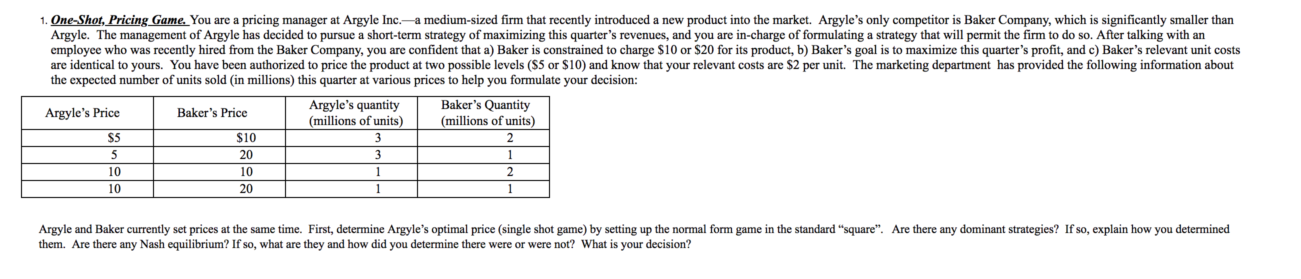 1. One-Shot, Pricing Game. You are a pricing manager at Argyle Inc.-a medium-sized firm that recently introduced a new product into the market. Argyle's only competitor is Baker Company, which is significantly smaller than
Argyle. The management of Argyle has decided to pursue a short-term strategy of maximizing this quarter's revenues, and you are in-charge of formulating a strategy that will permit the firm to do so. After talking with an
employee who was recently hired from the Baker Company, you are confident that a) Baker is constrained to charge $10 or $20 for its product, b) Baker's goal is to maximize this quarter's profit, and c) Baker's relevant unit costs
are identical to yours. You have been authorized to price the product at two possible levels ($5 or $10) and know that your relevant costs are $2 per unit. The marketing department has provided the following information about
the expected number of units sold (in millions) this quarter at various prices to help you
formulate
your decision:
Baker's Quantity
(millions of units)
Argyle's quantity
Argyle's Price
Baker's Price
(millions of units)
$5
$10
3
2
5
20
3
1
10
10
1
2
10
20
1
1
Argyle and Baker currently set prices at the same time. First, determine Argyle's optimal price (single shot game) by setting up the normal form game in the standard "square". Are there any dominant strategies? If so, explain how
them. Are there any Nash equilibrium? If so, what are they and how did you determine there were or were not? What is your decision?
you determined
