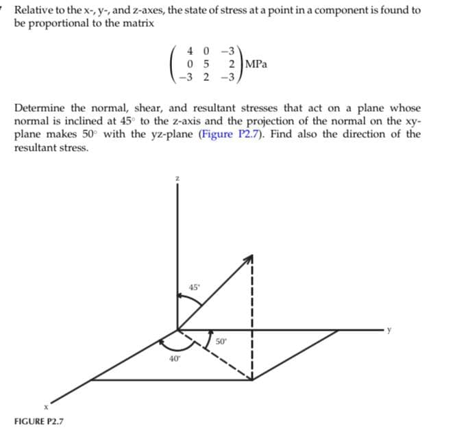 Relative to the x-, y-, and z-axes, the state of stress at a point in a component is found to
be proportional to the matrix
FIGURE P2.7
40-3
05
-3 2-3)
Determine the normal, shear, and resultant stresses that act on a plane whose
normal is inclined at 45° to the z-axis and the projection of the normal on the xy-
plane makes 50° with the yz-plane (Figure P2.7). Find also the direction of the
resultant stress.
40°
45
2 MPa
50⁰