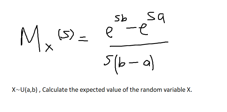 sa
e -e
Sb
Mx
(5) =
56-a)
X~U(a,b) , Calculate the expected value of the random variable X.
