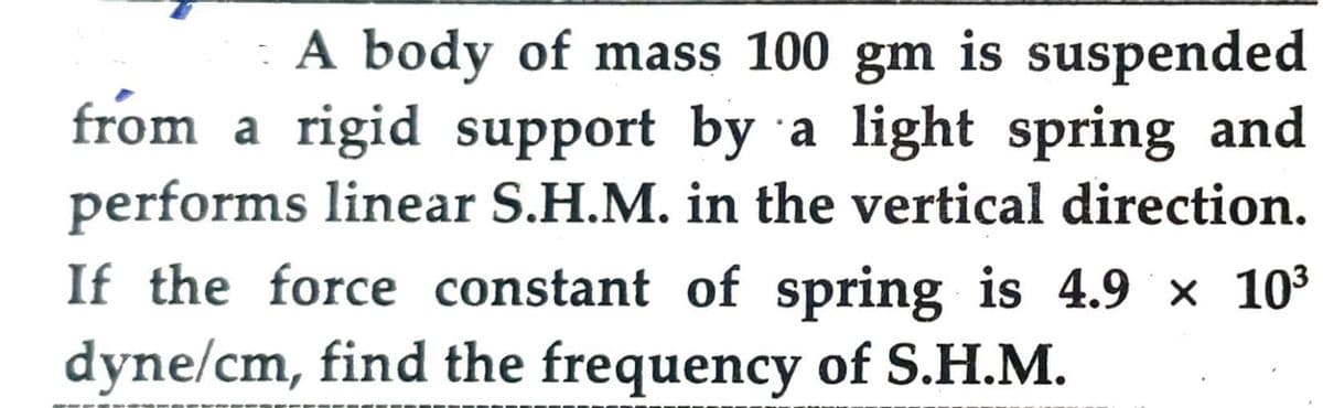 A body of mass 100 gm is suspended
from a rigid support by a light spring and
performs linear S.H.M. in the vertical direction.
If the force constant of spring is 4.9 × 10³
dyne/cm, find the frequency of S.H.M.