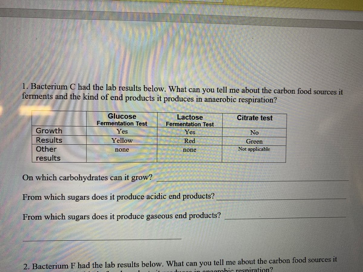 1. Bacterium C had the lab results below. What can you tell me about the carbon food sources it
ferments and the kind of end products it produces in anaerobic respiration?
Glucose
Fermentation Test
Lactose
Fermentation Test
Yes
Red
Citrate test
Growth
Yes
No
Results
Yellow
Green
Not applicable
Other
none
none
results
On which carbohydrates can it grow?
From which sugars does it produce acidic end products?
From which sugars does it produce gaseous end products?
2. Bacterium F had the lab results below. What can you tell me about the carbon food sources it
nnaerobic resniration?
