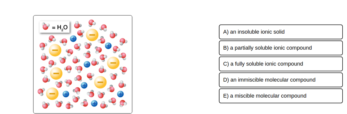 = H₂O
A) an insoluble ionic solid
B) a partially soluble ionic compound
C) a fully soluble ionic compound
D) an immiscible molecular compound
E) a miscible molecular compound