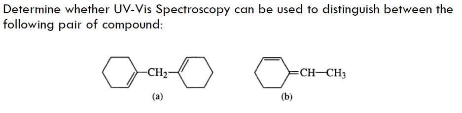 Determine whether UV-Vis Spectroscopy can be used to distinguish between the
following pair of compound:
CH2
=CH-CH3
(a)
(b)
