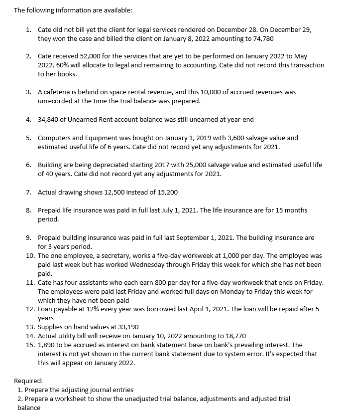 The following information are available:
1. Cate did not bill yet the client for legal services rendered on December 28. On December 29,
they won the case and billed the client on January 8, 2022 amounting to 74,780
2. Cate received 52,000 for the services that are yet to be performed on January 2022 to May
2022. 60% will allocate to legal and remaining to accounting. Cate did not record this transaction
to her books.
3. A cafeteria is behind on space rental revenue, and this 10,000 of accrued revenues was
unrecorded at the time the trial balance was prepared.
4. 34,840 of Unearned Rent account balance was still unearned at year-end
5. Computers and Equipment was bought on January 1, 2019 with 3,600 salvage value and
estimated useful life of 6 years. Cate did not record yet any adjustments for 2021.
6. Building are being depreciated starting 2017 with 25,000 salvage value and estimated useful life
of 40 years. Cate did not record yet any adjustments for 2021.
7. Actual drawing shows 12,500 instead of 15,200
8. Prepaid life insurance was paid in full last July 1, 2021. The life insurance are for 15 months
period.
9. Prepaid building insurance was paid in full last September 1, 2021. The building insurance are
for 3 years period.
10. The one employee, a secretary, works a five-day workweek at 1,000 per day. The employee was
paid last week but has worked Wednesday through Friday this week for which she has not been
paid.
11. Cate has four assistants who each earn 800 per day for a five-day workweek that ends on Friday.
The employees were paid last Friday and worked full days on Monday to Friday this week for
which they have not been paid
12. Loan payable at 12% every year was borrowed last April 1, 2021. The loan will be repaid after 5
years
13. Supplies on hand values at 33,190
14. Actual utility bill will receive on January 10, 2022 amounting to 18,770
15. 1,890 to be accrued as interest on bank statement base on bank's prevailing interest. The
interest is not yet shown in the current bank statement due to system error. It's expected that
this will appear on January 2022.
Required:
1. Prepare the adjusting journal entries
2. Prepare a worksheet to show the unadjusted trial balance, adjustments and adjusted trial
balance
