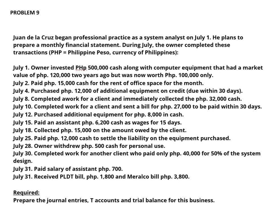 PROBLEM 9
Juan de la Cruz began professional practice as a system analyst on July 1. He plans to
prepare a monthly financial statement. During July, the owner completed these
transactions (PHP = Philippine Peso, currency of Philippines):
July 1. Owner invested PHp 500,000 cash along with computer equipment that had a market
value of php. 120,000 two years ago but was now worth Php. 100,000 only.
July 2. Paid php. 15,000 cash for the rent of office space for the month.
July 4. Purchased php. 12,000 of additional equipment on credit (due within 30 days).
July 8. Completed awork for a client and immediately collected the php. 32,000 cash.
July 10. Completed work for a client and sent a bill for php. 27,000 to be paid within 30 days.
July 12. Purchased additional equipment for php. 8,000 in cash.
July 15. Paid an assistant php. 6,200 cash as wages for 15 days.
July 18. Collected php. 15,000 on the amount owed by the client.
July 25. Paid php. 12,000 cash to settle the liability on the equipment purchased.
July 28. Owner withdrew php. 500 cash for personal use.
July 30. Completed work for another client who paid only php. 40,000 for 50% of the system
design.
July 31. Paid salary of assistant php. 700.
July 31. Received PLDT bill, php. 1,800 and Meralco bill php. 3,800.
Required:
Prepare the journal entries, T accounts and trial balance for this business.
