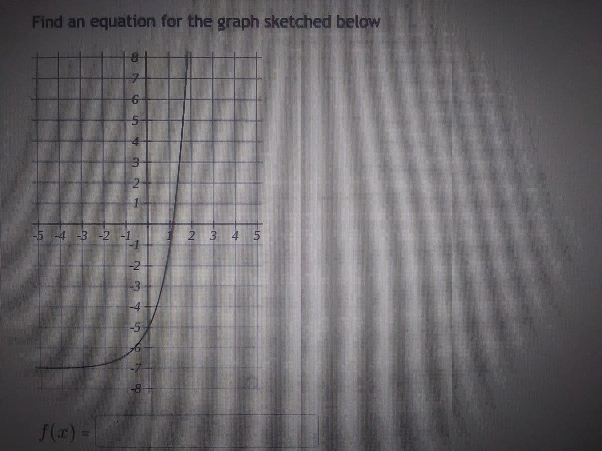 ### Find an equation for the graph sketched below

The image illustrates a graph with the following characteristics:

- The x-axis ranges from -5 to 5.
- The y-axis ranges from -8 to 8.
- The graph appears to be an exponential function.

**Detailed Analysis:**

- As x approaches negative values, the function approaches 0 but never quite reaches it.
- As x increases, the value of the function f(x) increases rapidly.
- There's an exponential growth pattern, which commonly suggests a function of the type \( f(x) = a \cdot b^x \).

Based on the graph's behavior, where it appears to rise exponentially, a probable general form for the function might be:

\[ f(x) = e^x \]

This can be written more generally as:

\[ f(x) = a \cdot b^x \]

To confirm the exact equation, one would typically need to verify specific points on the graph and solve for the constants \(a\) and \(b\) accordingly. Given the exponential nature and the general appearance, this fits the description well as an exponential growth function.