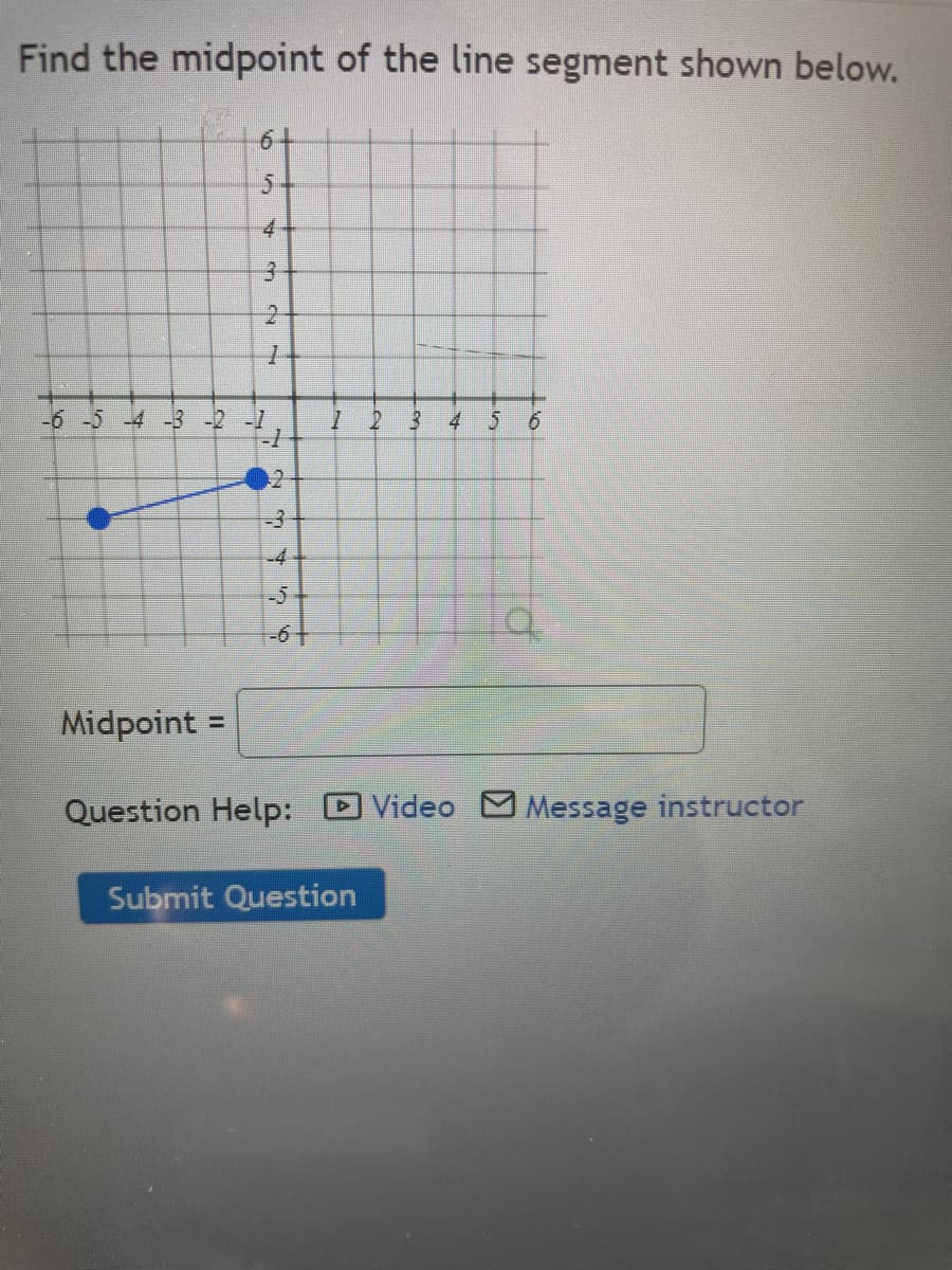 Find the midpoint of the line segment shown below.
6+
4-
-6 -5 -4 -3 -2 -1
F-1
5 6
4
-3
-4-
-5
Midpoint
Question Help:
Video MMessage instructor
Submit Question
