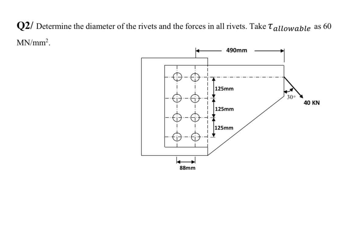 Q2/ Determine the diameter of the rivets and the forces in all rivets. Take Tallowable as 60
MN/mm?.
490mm
125mm
30°
40 KN
125mm
125mm
88mm
0---O
-O-O-
