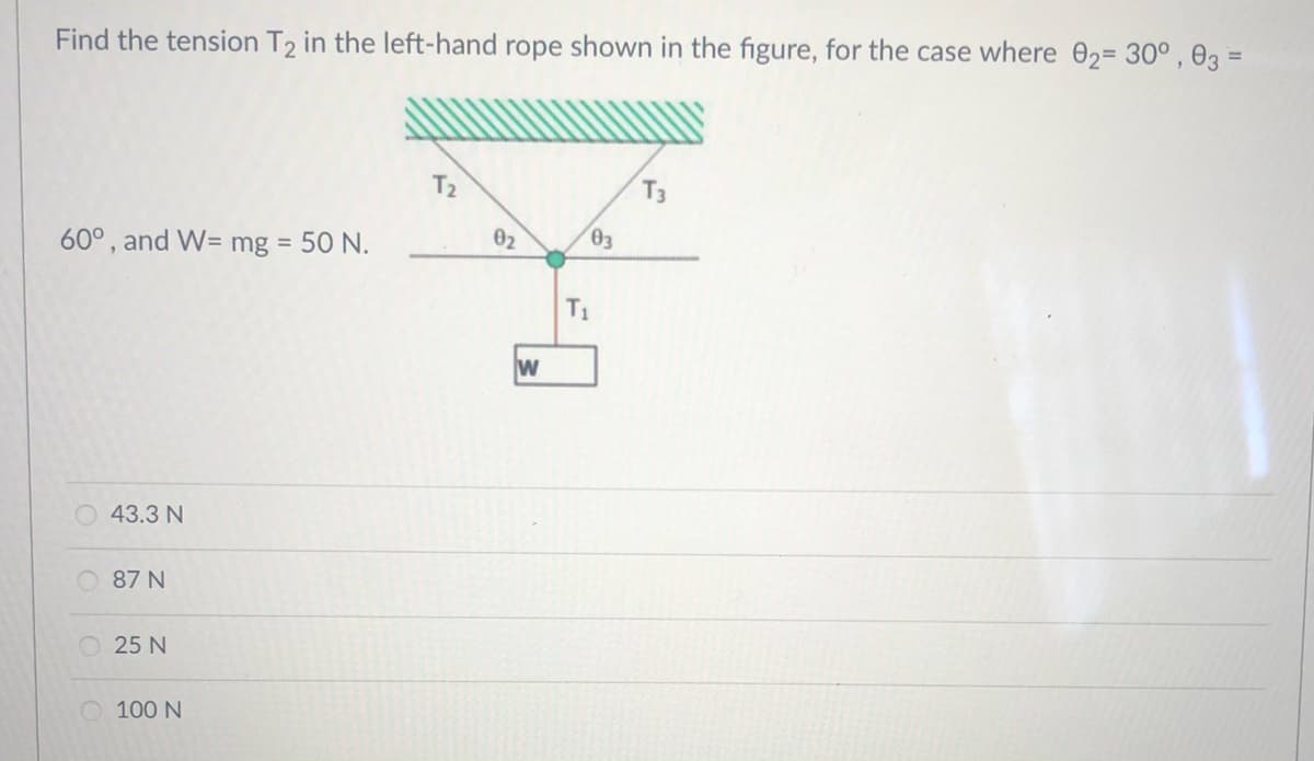 Find the tension T2 in the left-hand rope shown in the figure, for the case where 02= 30° , 03 =
T2
T3
60°, and W= mg = 50 N.
02
03
%3D
T1
w
43.3 N
87 N
25 N
100 N
