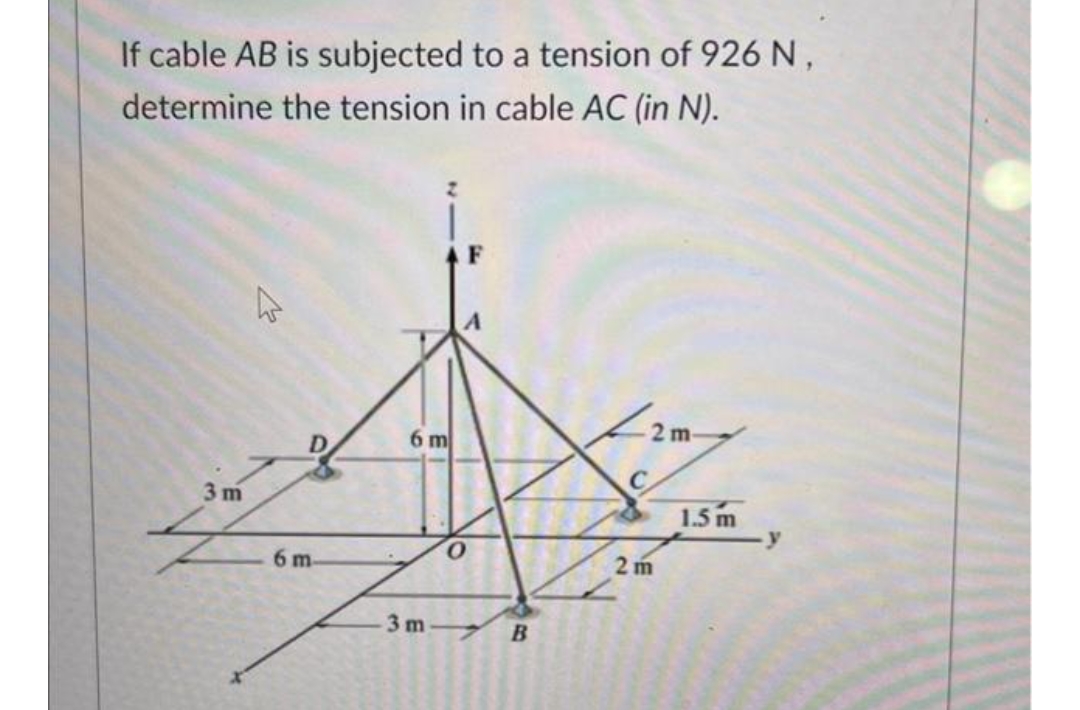 If cable AB is subjected to a tension of 926 N,
determine the tension in cable AC (in N).
3 m
D
6 m
6 m
3m
O
B
2m
1.5 m