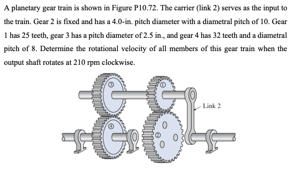 A planetary gear train is shown in Figure P10.72. The carrier (link 2) serves as the input to
the train. Gear 2 is fixed and has a 4.0-in. pitch diameter with a diametral pitch of 10. Gear
1 has 25 teeth, gear 3 has a pitch diameter of 2.5 in., and gear 4 has 32 teeth and a diametral
pitch of 8. Determine the rotational velocity of all members of this gear train when the
output shaft rotates at 210 rpm clockwise.
- Link 2
