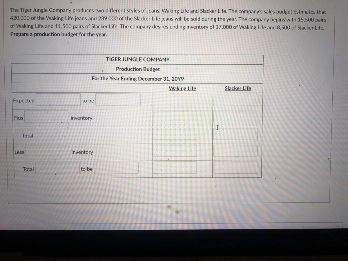 The Tiger Jungle Company produces two different styles of jeans, Waking Life and Slacker Life. The company's sales budget estimates that
420,000 of the Waking Life jeans and 239,000 of the Slacker Life jeans will be sold during the year. The company begins with 15,500 pairs
of Waking Life and 11,500 pairs of Slacker Life. The company desires ending inventory of 17,000 of Waking Life and 8,500 of Slacker Life.
Prepare a production budget for the year.
TIGER JUNGLE COMPANY
Production Budget
For the Year Ending December 31, 20Y9
Waking Life
Slacker Life
Expected
to be
Plus
inventory
Total
Less
inventory
Total
to be
