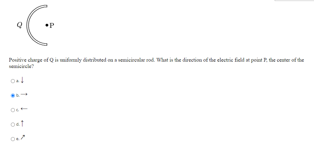 •P
Positive charge of Q is uniformly distributed on a semicircular rod. What is the direction of the electric field at point P, the center of the
semicircle?
O a. I
O b.
Od. ↑
O e. 7
