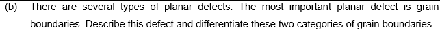 (b) There are several types of planar defects. The most important planar defect is grain
boundaries. Describe this defect and differentiate these two categories of grain boundaries.
