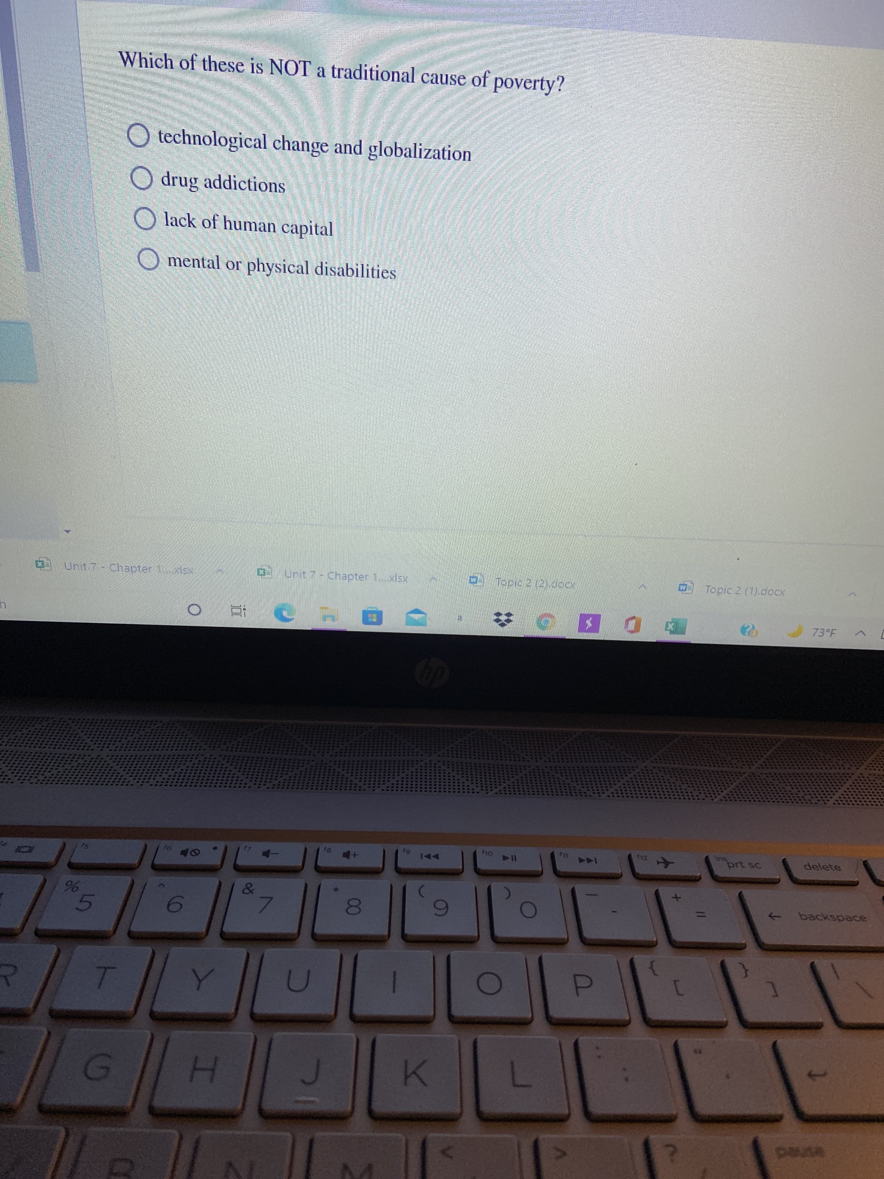 00
96
5
Which of these is NOT a traditional cause of poverty?
O technological change and globalization
O drug addictions
O lack of human capital
O mental or physical disabilities
OE
Unit 7- Chapter 1.xlsx
D: unit 7-Chapter 1..xlsx
O Topic 2 (2).docx
W Topic 2 (1).docx
73°F
近。
%23
OE
ins
prt sc
delete
144
backspace
D.
H.
