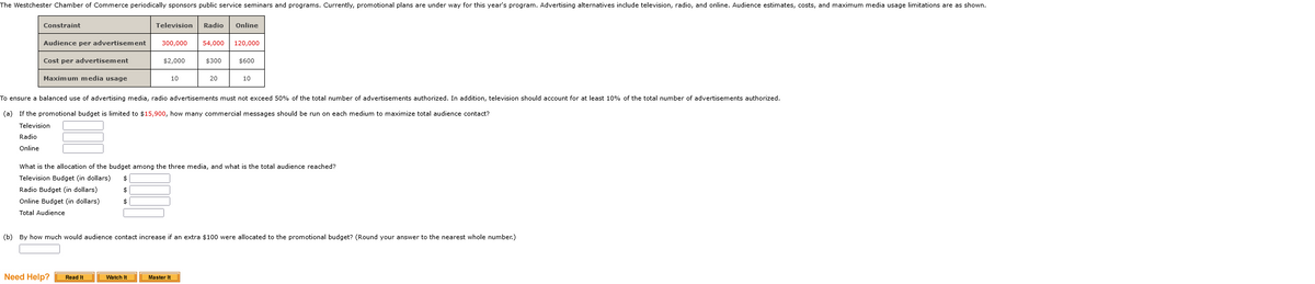 The Westchester Chamber of Commerce periodically sponsors public service seminars and programs. Currently, promotional plans are under way for this year's program. Advertising alternatives include television, radio, and online. Audience estimates, costs, and maximum media usage limitations are as shown.
Constraint
Audience per advertisement
Cost per advertisement
Maximum media usage
Television
Need Help?
Read It
300,000 54,000 120,000
$2,000
Watch It
10
Radio Online
$300
To ensure a balanced use of advertising media, radio advertisements must not exceed 50% of the total number of advertisements authorized. In addition, television should account for at least 10% of the total number of advertisements authorized.
(a) If the promotional budget is limited to $15,900, how many commercial messages should be run on each medium to maximize total audience contact?
Television
Radio
Online
20
What is the allocation of the budget among the three media, and what is the total audience reached?
Television Budget (in dollars) $
Radio Budget (in dollars)
$
Online Budget (in dollars)
$
Total Audience
Master It
$600
(b) By how much would audience contact increase if an extra $100 were allocated to the promotional budget? (Round your answer to the nearest whole number.)
10