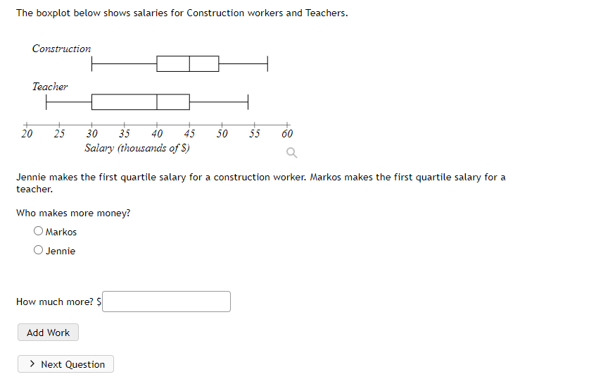 The boxplot below shows salaries for Construction workers and Teachers.
Construction
Teacher
20 25
30 35 40 45
Salary (thousands of $)
Jennie makes the first quartile salary for a construction worker. Markos makes the first quartile salary for a
teacher.
Who makes more money?
O Markos
O Jennie
How much more? $
Add Work
50 55 60
> Next Question