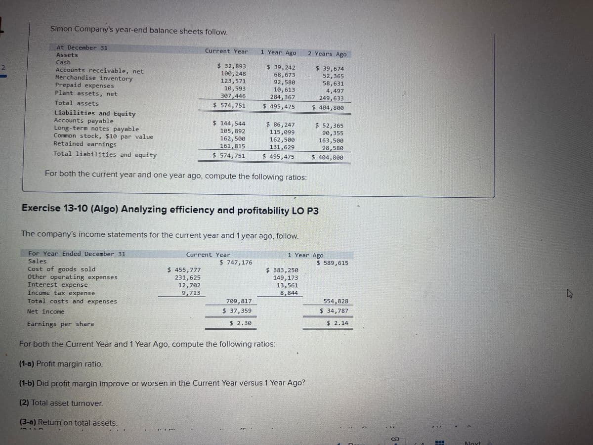 Simon Company's year-end balance sheets follow.
At December 31
Assets
Cash
Accounts receivable, net
Merchandise inventory
Prepaid expenses
Plant assets, net
Total assets
Liabilities and Equity
Accounts payable
Long-term notes payable
Common stock, $10 par value
Retained earnings
Total liabilities and equity
For Year Ended December 31
Sales
Cost of goods sold
Other operating expenses
Interest expense
Income tax expense
Total costs and expenses
Net income
Current Year
Earnings per share
$ 32,893
100, 248
123,571
10,593
307,446
$ 574,751
$ 144,544
105,892
162,500
161,815
$ 574,751
For both the current year and one year ago, compute the following ratios:
IST
$ 455,777
231,625
12,702
9,713
The company's income statements for the current year and 1 year ago, follow.
Current Year
Exercise 13-10 (Algo) Analyzing efficiency and profitability LO P3
1 Year Ago
$747,176
$ 39,242
68,673
92,580
10,613
284,367
$495,475
709,817
$ 37,359
$ 2.30
$ 86,247
115,099
162,500
131,629
$ 495,475
JELE
For both the Current Year and 1 Year Ago, compute the following ratios:
(1-a) Profit margin ratio.
(1-b) Did profit margin improve or worsen in the Current Year versus 1 Year Ago?
(2) Total asset turnover.
(3-a) Return on total assets.
2 Years Ago
$ 383,250
149, 173
13,561
8,844
$ 39,674
52,365
58,631
4,497
249,633
$ 404,800
$ 52,365
90,355
163,500
98,580
$ 404,800
1 Year Ago
$589,615
554,828
$ 34,787
$ 2.14
H
117
S
47
Next
D