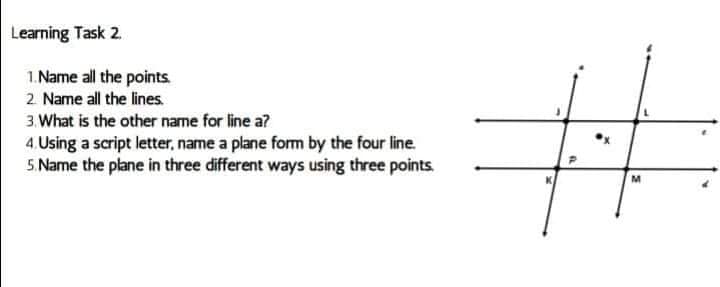 Learning Task 2.
1. Name all the points.
2 Name all the lines.
3. What is the other name for line a?
4. Using a script letter, name a plane form by the four line
5. Name the plane in three different ways using three points.

