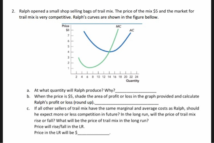 2. Ralph opened a small shop selling bags of trail mix. The price of the mix $5 and the market for
trail mix is very competitive. Ralph's curves are shown in the figure bellow.
Price
$8
7
6
5
2
MC
AC
2 4 6 8 10 12 14 16 18 20 22 24
Quantity
a. At what quantity will Ralph produce? Why?
b.
When the price is $5, shade the area of profit or loss in the graph provided and calculate
Ralph's profit or loss (round up).__
c.
If all other sellers of trail mix have the same marginal and average costs as Ralph, should
he expect more or less competition in future? In the long run, will the price of trail mix
rise or fall? What will be the price of trail mix in the long run?
Price will rise/fall in the LR.
Price in the LR will be $