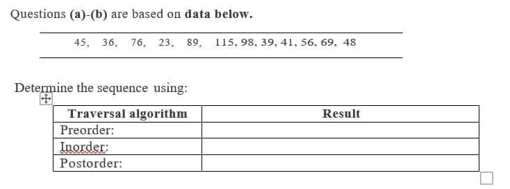 Questions (a)-(b) are based on data below.
45, 36, 76, 23, 89, 115, 98, 39, 41, 56, 69, 48
Determine the sequence using:
Traversal algorithm
Result
Preorder:
Inorder:
Postorder:
