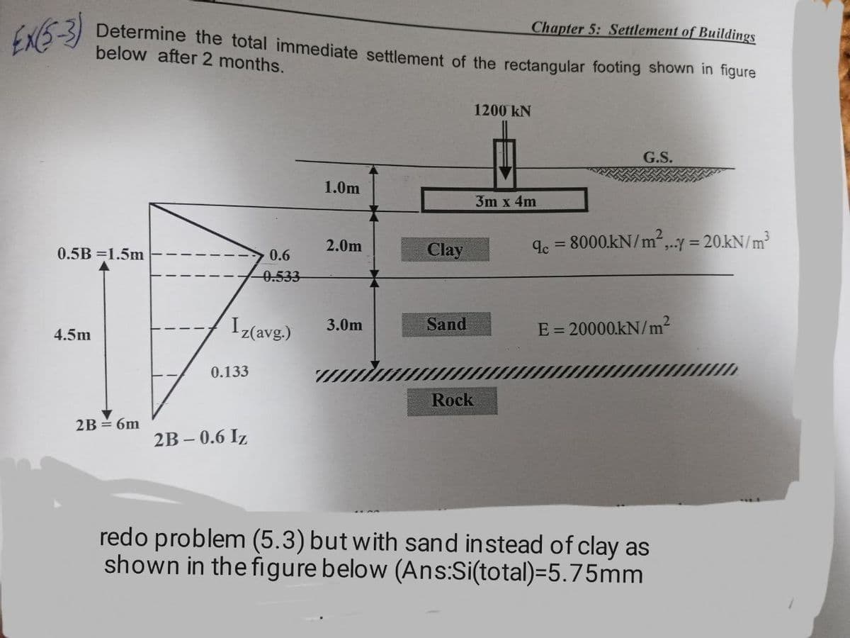 Chapter 5: Settlement of Buildings
EXE-3)
Determine the total immediate settlement of the rectangular footing shown in figure
below after 2 months.
1200 kN
G.S.
1.0m
3m x 4m
8000.kN/m²,
..Y = 20.kN/m
0.5B =1.5m
0.6
2.0m
Clay
0.533
Iz(avg.)
Sand
3.0m
E = 20000.kN/m?
4.5m
0.133
Rock
2B = 6m
2B – 0.6 Iz
redo problem (5.3) but with sand instead of clay as
shown in the figure below (Ans:Si(total)=5.75mm
