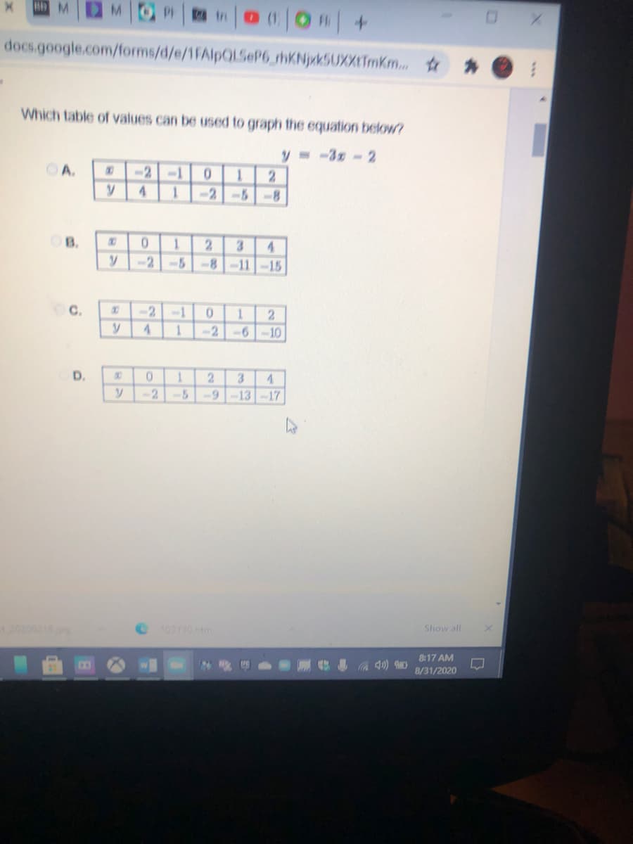 which table of values can be used to graph the equation below?
y -3z-2
