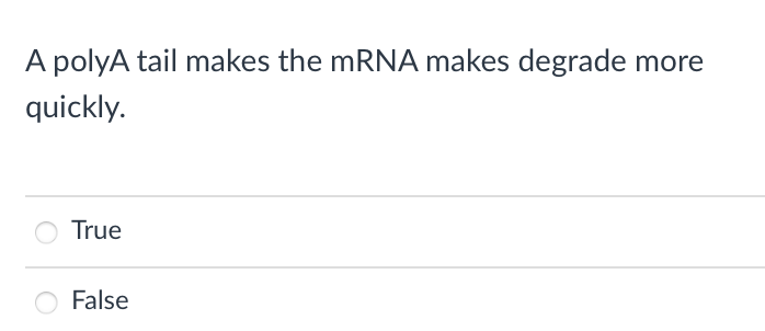 A polyA tail makes the MRNA makes degrade more
quickly.
True
False
