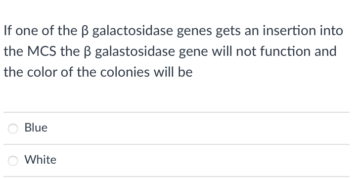 If one of the B galactosidase genes gets an insertion into
the MCS the B galastosidase gene will not function and
the color of the colonies will be
Blue
White
