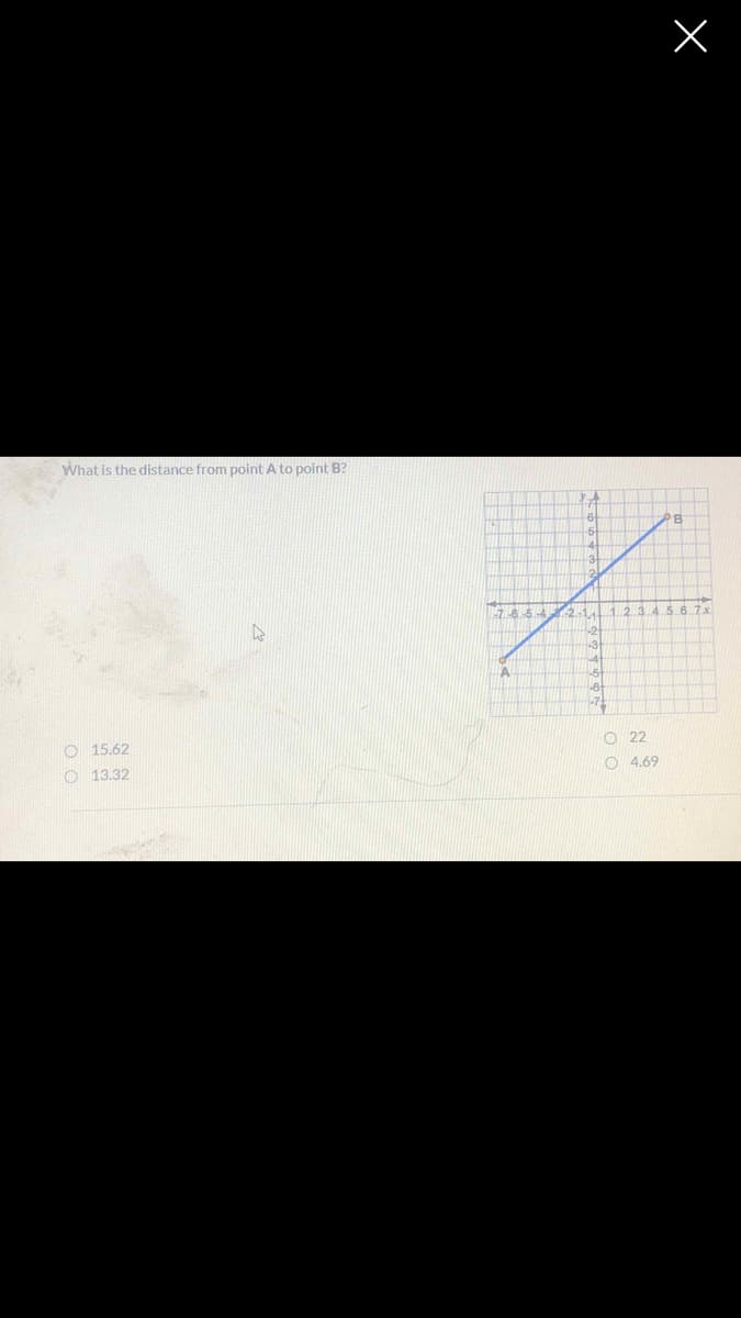 What is the distance from point A to point B?
765-4
62-14
1.2.3456 7x
4-
-73
O 15.62
O 22
O 13.32
O 4.69
