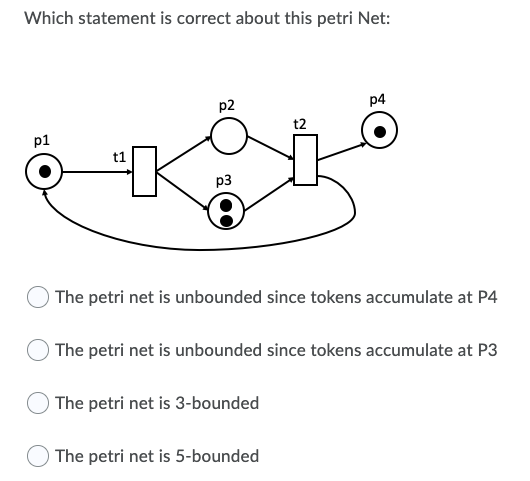 Which statement is correct about this petri Net:
p2
p4
t2
p1
p3
The petri net is unbounded since tokens accumulate at P4
O The petri net is unbounded since tokens accumulate at P3
O The petri net is 3-bounded
The petri net is 5-bounded
