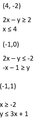 (4, -2)
2х — у 2 2
X3 4
(-1,0)
2х- у S -2
-х — 12у
(-1,1)
x 2 -2
y<3x + 1
