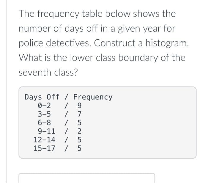 The frequency table below shows the
number of days off in a given year for
police detectives. Construct a histogram.
What is the lower class boundary of the
seventh class?
Days Off / Frequency
0-2 / 9
/ 7
/ 5
3-5
6-8
9-11
12-14 /
15-17 / 5
255