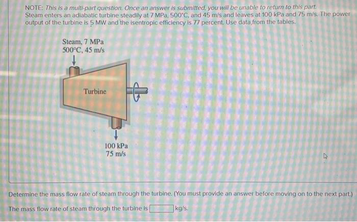 NOTE: This is a multi-part question. Once an answer is submitted, you will be unable to return to this part.
Steam enters an adiabatic turbine steadily at 7 MPa, 500°C, and 45 m/s and leaves at 100 kPa and 75 m/s. The power
output of the turbine is 5 MW and the isentropic efficiency is 77 percent. Use data from the tables.
Steam, 7 MPa
500°C, 45 m/s
Turbine
ولا
100 kPa
75 m/s
Determine the mass flow rate of steam through the turbine. (You must provide an answer before moving on to the next part.)
The mass flow rate of steam through the turbine is
kg/s.