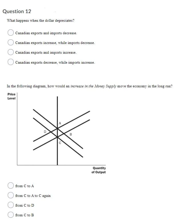 Question 12
What happens when the dollar depreciates?
Canadian exports and imports decrease.
Canadian exports increase, while imports decrease.
Canadian exports and imports increase.
Canadian exports decrease, while imports increase.
In the following diagram, how would an increase in the Money Supply move the economy in the long run?
Price
Level
Quantity
of Output
from C to A
from C to A to C again
from C to D
from C to B
